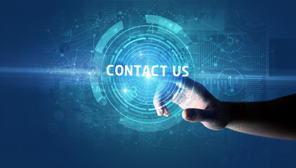 Hand touching CONTACT US button, modern business technology concept