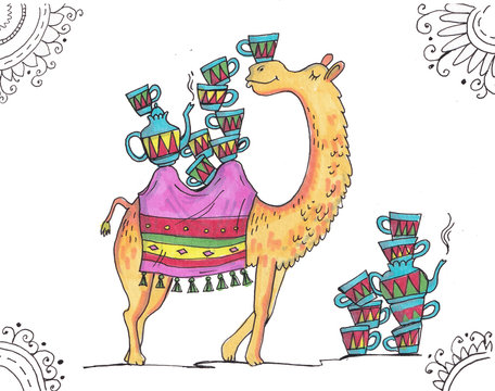 camel and tea set, cartoon illustration with a camel and tea cups