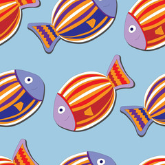 Seamless vector pattern with cute doodle fish's isolated on blue background. Childish sea background, hand draw can be used for wallpaper, invitation card, wrapping, web page background, fabric, print