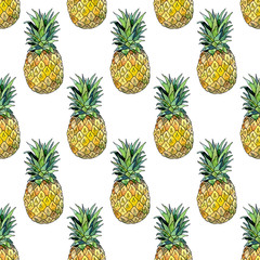 Watercolor pineapples on a white background seamless pattern. Summer print for textiles. Exotic fruit ornament.