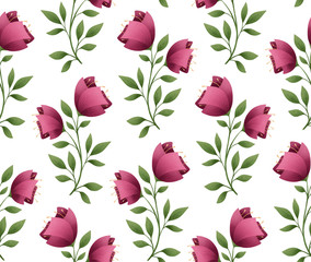 Pink floral seamless spring pattern, gouache summer flowers and leaves