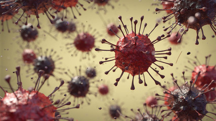 Naklejka premium Illustration of coronavirus, influenza virus, COVID-19 under the microscope. Pandemic or virus infection concept - 3D Illustration