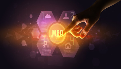 Hand touching MBA inscription, new technology concept