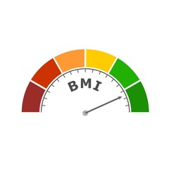 Body mass index meter read level result. Color scale with arrow from red to green. The measuring device icon. Colorful infographic gauge element.