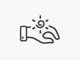 Skin care line icon isolated on transparent background. Solar spf protection sign. Vector hand with sun lotion, cream symbol..