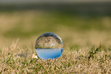 公園の芝生にある透明な水晶ガラスボール