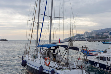 close-up of a sailing yacht moored in the port