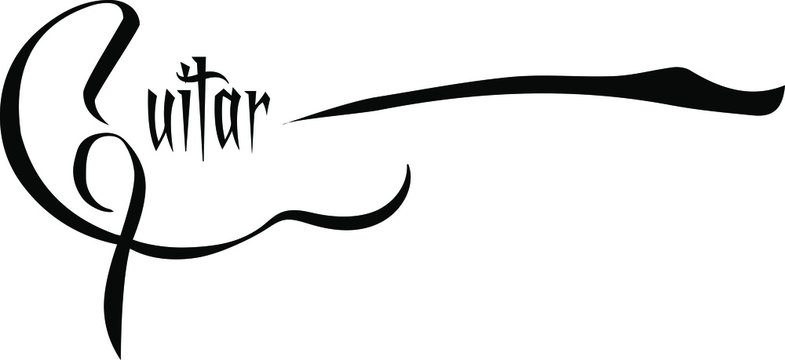  Guitar logo stylized for a rock band, metal band black and white. The inscription in the form of a guitar. Vector image.