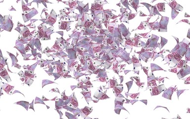 Flying euro banknotes isolated on a white background. Money is flying in the air. 500 EURO in color. 3D illustration