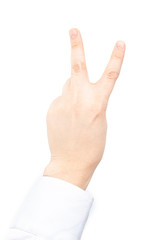 male hand shows two fingers pees in a white shirt on a white background isolate
