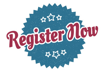 register now sign. register now round vintage retro label. register now