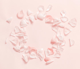 Pink petals frame on a light pink  background top view - obrazy, fototapety, plakaty