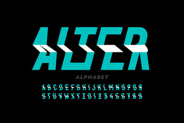 Shifted style modern font, alphabet letters and numbers