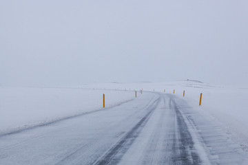 Snow-covered roads of northern Iceland, long way to go