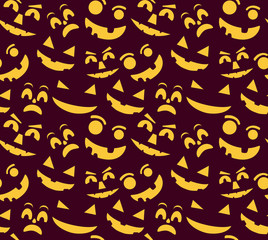 Seamless pattern with yellow halloween pumpkin carved faces.Ornament for fabric, paper, festive background for the site.Vector flat style.