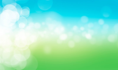 Fototapeta na wymiar A blurred fresh spring, summer blue and green abstract background with bokeh glow. Illustration.