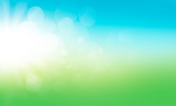 A blurred fresh spring, summer blue and green abstract background with soft bokeh glow and sun flare. Illustration.