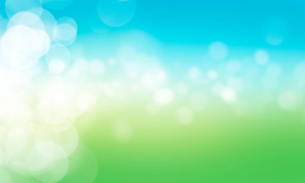 A blurred fresh spring, summer blue and green abstract background with bokeh glow. Illustration.