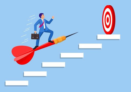 Businessman aim arrow to target on staircase going up. Goal setting. Smart goal. Business target concept. Achievement and success. Vector illustration in flat style