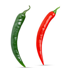 Pods of red and green chili pepper on a white isolate. Clipping path. Bright saturated color. Design element for print and web.