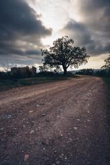 Beautiful landscape view of mountains, old house and lonely road in Portugal at sunset