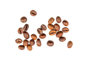 roasted coffee beans isolated on a white background. Top view. Flat lay