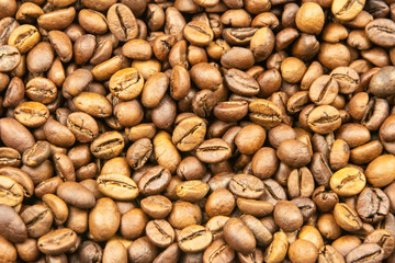 Roasted coffee beans. Top view. Flat lay
