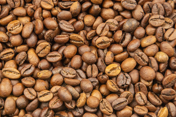 Roasted coffee beans. Top view. Flat lay