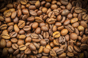 Roasted coffee beans. Top view. Flat lay