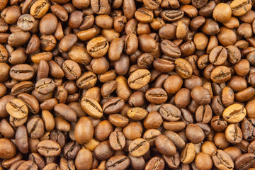 Roasted coffee beans. Top view. Flat lay