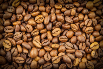 Roasted coffee beans. Top view. Flat lay