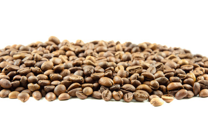 roasted coffee beans isolated on a white background. Top view. Flat lay