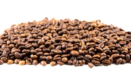 roasted coffee beans isolated on a white background. Top view. Flat lay