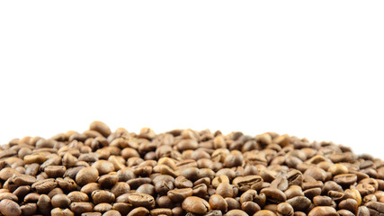 roasted coffee beans isolated on a white background. Top view. Flat lay