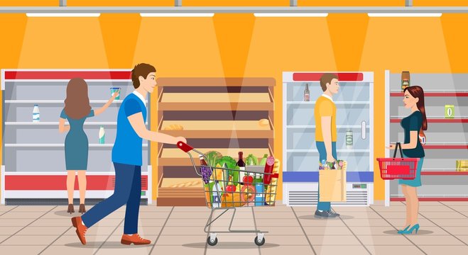 Customers people bying products in supermarket. grocery and consumerism concept. empty store shelves. Vector illustration in flat style