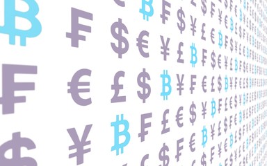 Bitcoin and currency on a white background. Digital crypto currency symbol. Business concept. Market Display. 3D illustration