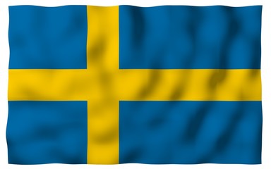 The flag of Sweden. Official state symbol of the Kingdom of Sweden. A blue field with a yellow Scandinavian cross that extends to the edges of the flag. 3d illustration