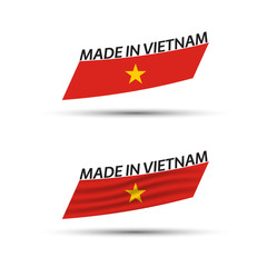 Two modern colored vector Vietnamese flags isolated on white background, Vietnamese flags, Vietnamese ribbon, Made in Vietnam