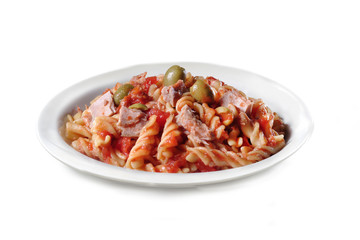 Italian Pasta with Tomato Sauce, Tuna and Olives - Isolated on White Background
