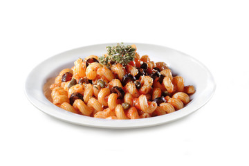 Italian Pasta with Tomato Sauce and Olives - Isolated on White Background