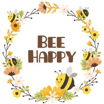 The character of cute bee with flowerring and text of bee happy on the white background. The character of cute yellow bee and black bee playing with the flower in flat vector style.