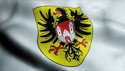 3D Waving Germany City Coat of Arms Flag of Quedlinburg Closeup View