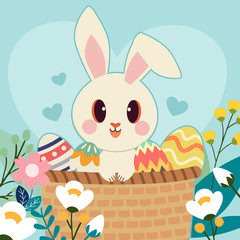 The character of cute rabbit sitting in the basket with a easter egg in the flower garden and heart. The character of cute rabbit with easter day theme. The character of cute rabbit in flat vector.