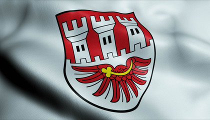 3D Waving Germany City Coat of Arms Flag of Porta Westfalica Closeup View