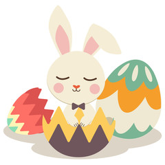 The character of cute rabbit sitting in the easter egg on the white background. The character of cute rabbit enjoy with easter day. The character of cute rabbit in flat vector style.