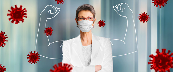 woman, doctor in medical face protection mask indoors on blue background