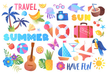 Bright multicolored collection of summer travel icons for a tropical vacation at the seaside isolated on white for design elements, vector illustration