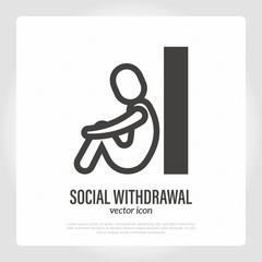 Social withdrawal, depression, loneliness. Thin line icon. Human sitting alone near the wall. Vector illustration.