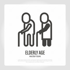 Elderly age, two old people with canes. Thin line icon. Pensioner disabled. Vector illustration.