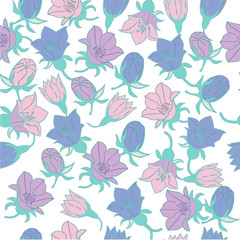 Fototapeta na wymiar floral seamless pattern of blue and lilac bells on a white light background for decorating stencils and postcards